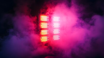 Aufkleber - Dramatic and otherworldly cityscape at night with a smoke filled atmosphere vibrant pinks purples and reds and intense lighting creating a captivating surreal and futuristic scene