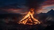 © Prasong Takham - Dramatic nighttime bonfire ablaze in a majestic mountain landscape with towering flames and billowing smoke against a moody sky  The primal scene evokes a sense of adventure solitude
