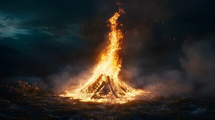 Aufkleber - Dramatic nighttime bonfire erupting in a remote wilderness landscape with orange flames glowing embers and sparks lighting up the night sky filled with stars