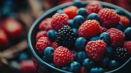 Wall Mural - Fresh Assortment of Berries in a Bowl on a Rustic Background