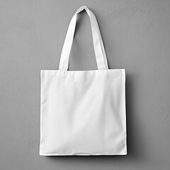 Wall Mural - Blank tote bag mockup, hanging, gray wall, design template