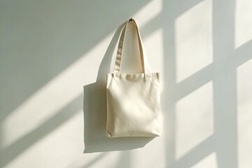 Wall Mural - Beige tote bag hanging indoors, sunlit wall