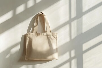 Wall Mural - Beige tote bag, sunlit wall, mockup, minimalist design