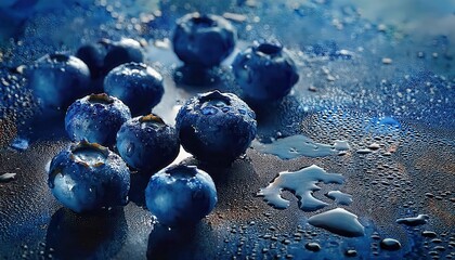 Wall Mural - fresh blueberries with water droplets on dark reflective surface, perfect for healthy food or drink advertisements