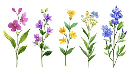 Canvas Print - Watercolor painting of five different wildflowers isolated on white background.