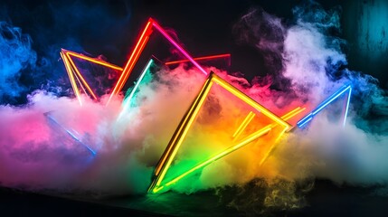 Aufkleber - Glowing neon triangles and other geometric shapes surrounded by swirling colorful smoke against a dark moody background with dramatic lighting effects  This surreal