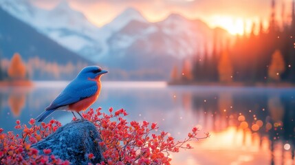 Poster - A Serene Morning: Bluebird Perched on Rock Amidst Red Flowers, Overlooking Misty Lake and Mountains at Sunrise, Radiating Peace and Tranquility.