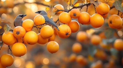 Poster - Birds Perched Amidst a Bounty of Orange Fruits: A Serene Autumn Scene of Avian Visitors and Vibrant Harvest, Captured in Warm, Bokeh-Kissed Light