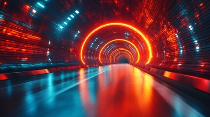 Poster - Neon Rings in a Futuristic Tunnel: A Dynamic Fusion of Technology and Artistic Vision, with a Gleaming Floor Reflecting the Vivid Colors and Abstract Shapes.