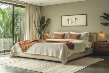 Wall Mural - Contemporary bedroom with a soft beige palette, featuring a cozy bed with pillows and a blanket, a large carpet, plant decor, and natural light.