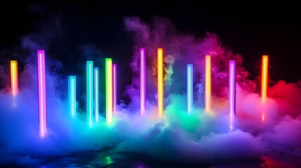 Leinwandbilder - Mesmerizing abstract image showcasing a dynamic display of colorful neon lights and glowing columns set against a mysterious backdrop of smoke and haze