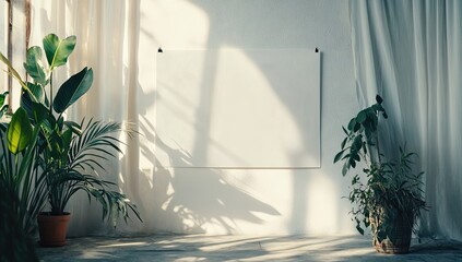 Wall Mural - Blank canvas mockup, sunlit studio, plants, white curtains