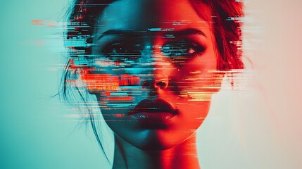 Canvas Print - Woman's face overlaid with digital glitch effect, vibrant colors.