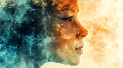 Wall Mural - Woman's face profile subtly merged with swirling smoke, teal and orange hues.