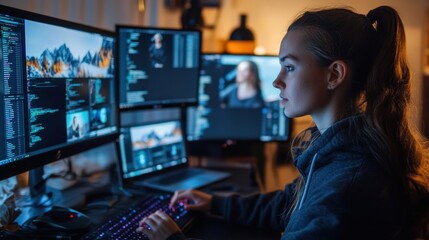 a focused individual works on multiple computer screens, engaged in coding or data analysis in a dim
