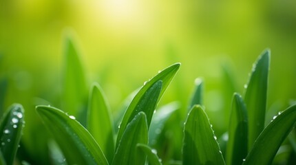 Wall Mural - A close-up of fresh green spring leaves glistening with morning dew, set against a soft blurred background