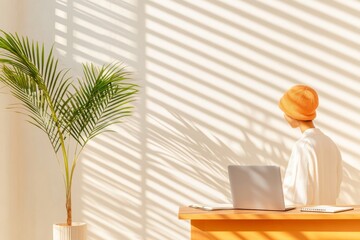 Poster - Modern Minimalist Workspace Young Professional at Wooden Desk with Laptop - Remote Work and Tech-Forward Inspiration for Business Wellness and Productivity