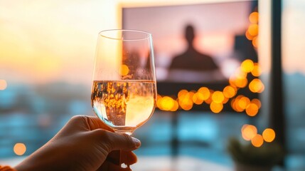 Aufkleber - Modern Hybrid Meetings Sleek Glassware and Festive Lights in a Professional Space - Enhancing Remote Team Engagement and Virtual Corporate Networking