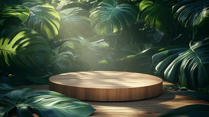 Wall Mural - Wooden Display Podium Amidst Lush Tropical Plants