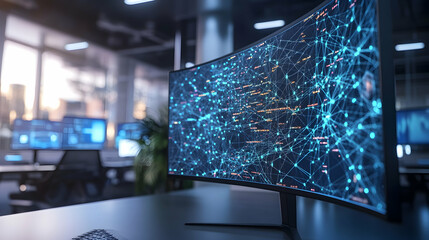 Modern ultrawide monitor on a sleek desk displaying colorful network visualization in a minimalist office.