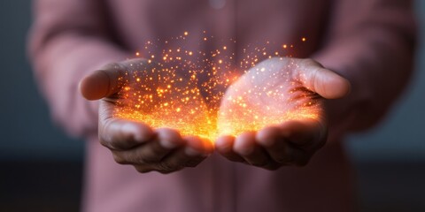 Fototapete - Cyber Illumination Concept Hands Cradling Digital Sparks on Smooth Surface - Futuristic Tech Display and Data Security Solutions for Modern Business Innovation