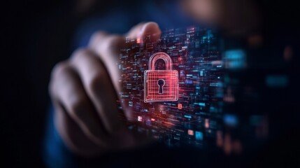 Fototapete - Holographic Cybersecurity Interface Floating Padlock Emblem Over Outstretched Hand - Interactive Digital Security Innovation for Tech Marketing and Enterprise Protection