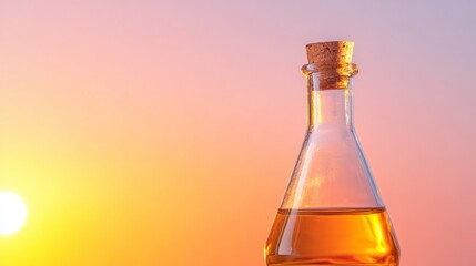 Poster - Sunset Chemistry Cork-Stoppered Conical Flask with Golden Liquid - Atmospheric Scientific Research Content and Modern Lab Equipment for Pharmaceutical Innovation
