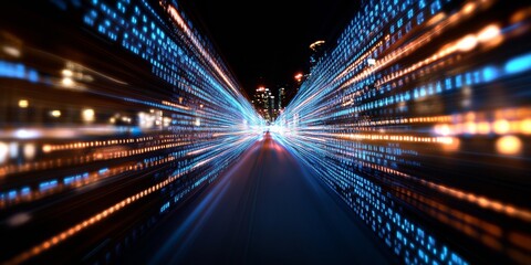 Poster - Futuristic Cyber Aesthetic Dynamic Data Visualization in Urban Nightscape - Innovative Business Content and Advanced Digital Workflow for Modern Tech Industry