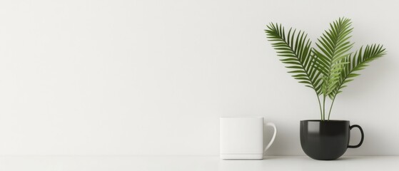 Poster - Minimalist Urban Workspace Aesthetic Contrasting Ceramic Mugs with Tropical Foliage - Contemporary Office Design and Biophilic Branding for Modern Productivity