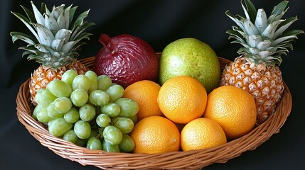 Poster - Fresh fruit basket, oranges, grapes, pineapple, pomegranate