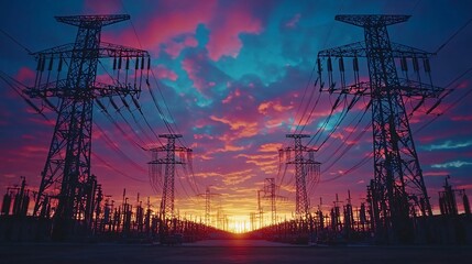 Wall Mural - Sunset over power station, energy infrastructure