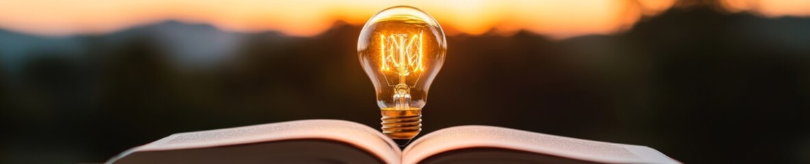 Poster - Illuminated Knowledge Setup Glowing Light Bulb atop Open Book in Dark Study Modern Educational Aesthetic for Inspiring Intellectual Discovery and Content Creation