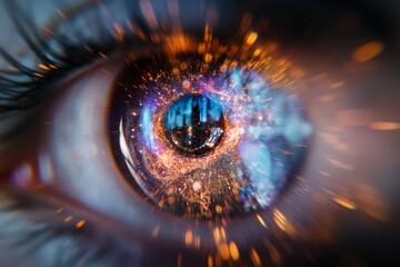 Aufkleber - Cosmic Vision Futuristic Eye Close-Up with Nebula Reflection - Immersive Digital Design for Sci-Fi Themes and Innovative Optical Technology Trends