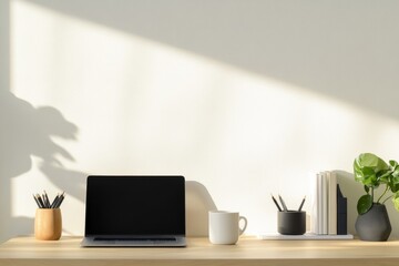 Fototapete - Minimalist Office Aesthetic Sleek Laptop and Coffee on Light Wood Desk - Modern Workspace Design and Productivity for Remote Work in Tech Industry