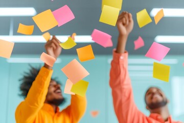 Poster - Vibrant Office Play Low-Angle View of Young Black and Hispanic Professionals Celebrating Creativity with Colorful Sticky Notes - Modern Team Building and Innovative Workspace Design