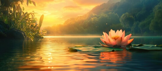 Wall Mural - Serene lotus flower reflecting in tranquil lake during sunset enhancing natural beauty and peaceful ambiance.