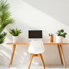 Poster - Minimalist Workspace Design Scandinavian Wood Desk with Plants and Monitor - Modern Office Setup for Tech-savvy Productivity and Biophilic Work Environment