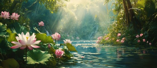 Wall Mural - Serene lotus flowers blooming on a tranquil river amidst lush greenery and soft sunlight filtering through the trees.