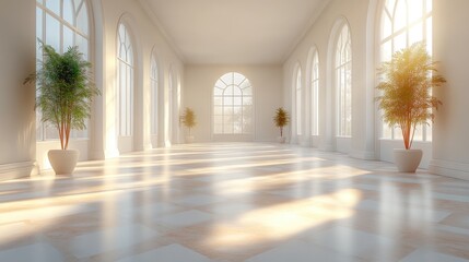 Poster - Bright and airy corridor in an empty room with large windows and potted plants creating a serene and spacious atmosphere.