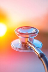 Aufkleber - Vibrant Medical Equipment Sleek Metal Stethoscope on Sunset Background - Healthcare Branding and Modern Medical Service Promotion