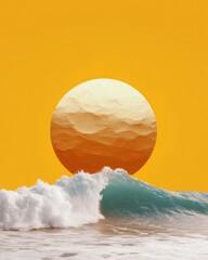 Poster - Bold Surrealist Ocean Art Textured Waves with Golden Sun on Vibrant Yellow - Modern Interior Decor and Luxe Branding for Creative Spaces