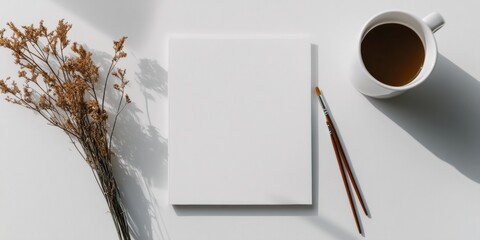 Aufkleber - Minimalist Corporate Desk Setup with Blank Sketchpad, Coffee, and Dried Flowers - Strategic Planning for Modern Office and Creative Workspace Inspiration