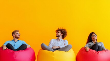 Poster - Bright Minimalist Office Diverse Team Relaxed on Colorful Bean Bags - Modern Collaboration and Stress Relief Strategies for Dynamic Work Culture