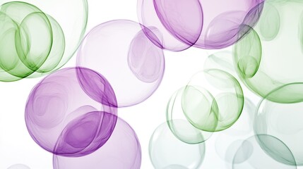 Poster - Translucent purple and green orbs overlapping on a bright white background creating a soothing abstract design for modern aesthetics.