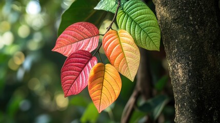 Wall Mural - Colorful Autumn Leaves on a Tree Branch with Soft Focus Background in Natural Light