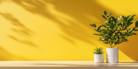 Aufkleber - Mid-Century Modern Workspace Sustainable Planter Decor on Wooden Desk with Sunlit Yellow Backdrop - Elevating Eco-Friendly Office Aesthetics and Biophilic Design Elements