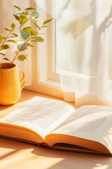 Aufkleber - Serene Education Aesthetic Open Hardcover Book with Sunlit Curtains on Wooden Desk - Academic Content Inspiration for Educational Marketing and Cozy Study Spaces