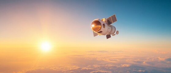 Poster - Futuristic Spacecraft Imagery Sleek Metallic Satellite with Solar Arrays - Advanced Space Exploration Content and Atmospheric Data Analysis Solutions