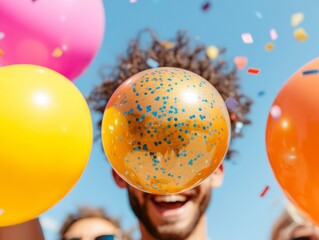 Poster - Vibrant Office Celebration Multicultural Team with Colorful Balloons and Confetti - Dynamic Corporate Culture and Employee Engagement Imagery