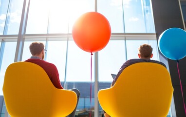 Poster - Contemporary Office Fun Bright Workspace with Vibrant Chairs and Colorful Balloons - Boosting Employee Creativity and Team Collaboration for Modern Corporate Innovation